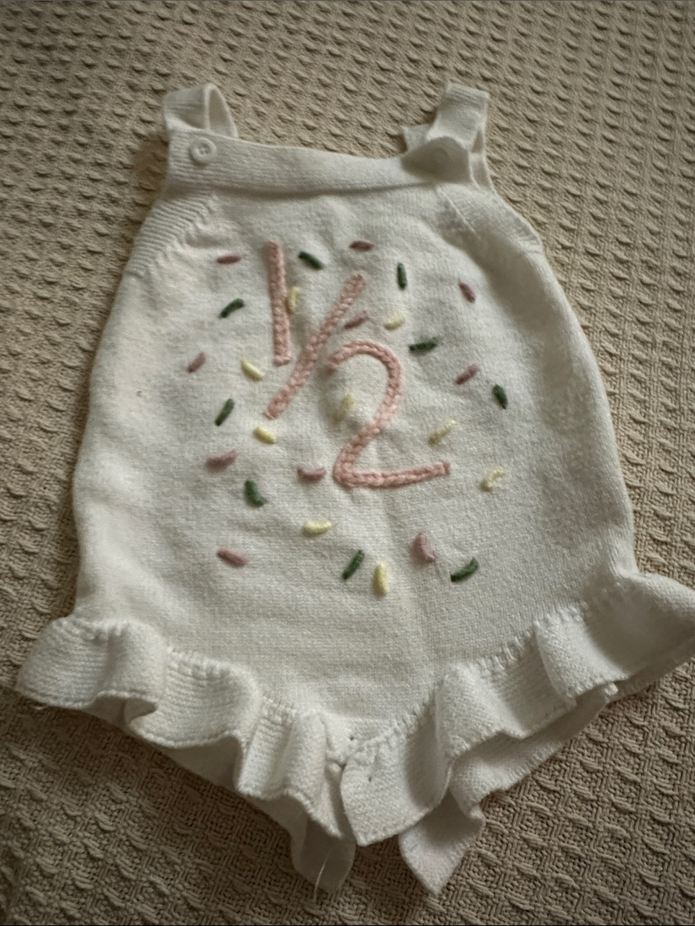 Source Unknown White Knit Romper with Pink "1/2" Embroidery